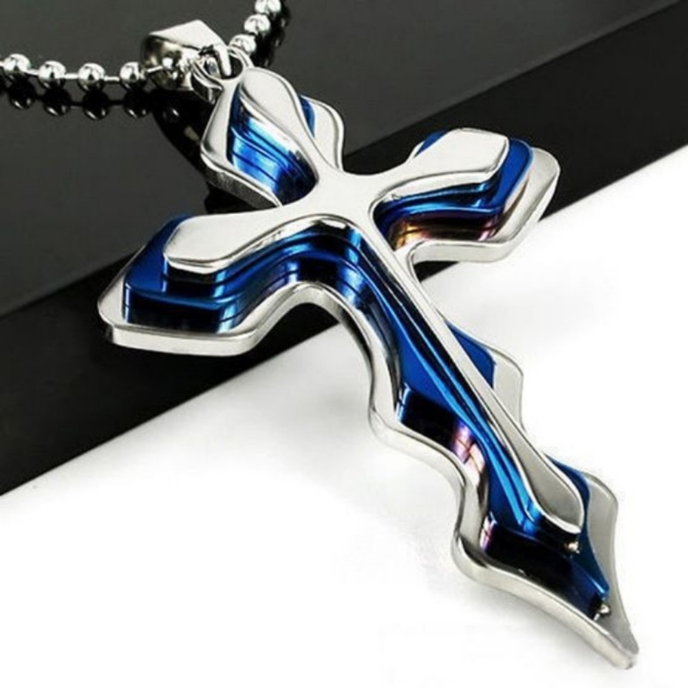 Unisex Necklace - Rock n Roll God Blue Cross